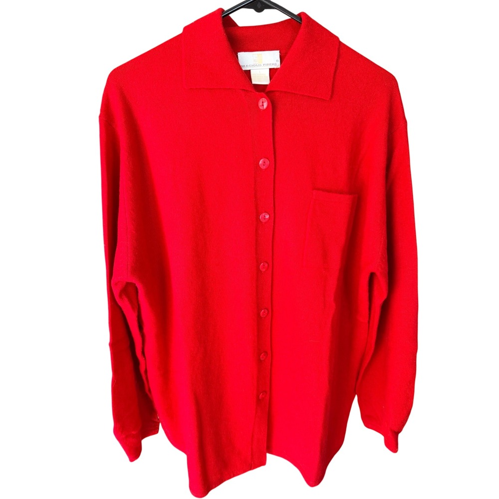 Precious Fibers Cardigan Sweater L Red Button Front Collared 100% Cashmere